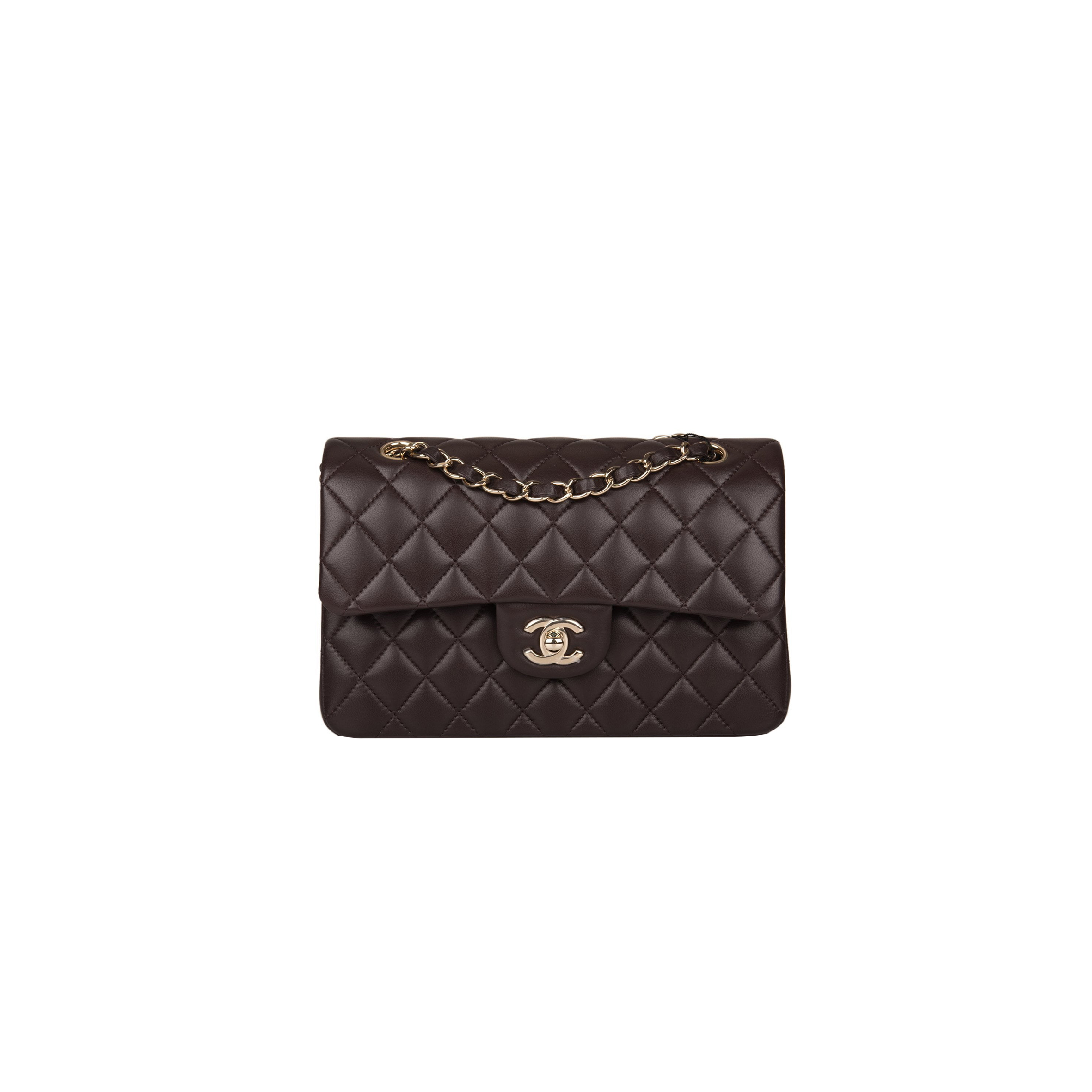 CHANEL CLASSIC DOUBLE FLAP BAG DARK BROWN LAMBSKIN LIGHT GOLD HARDWARE AS1117 (23*14.5*6cm)